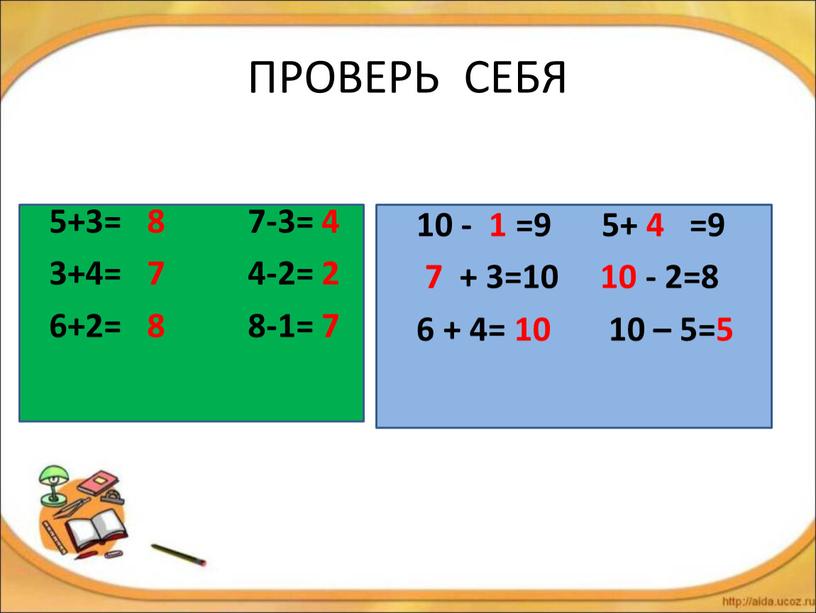 ПРОВЕРЬ СЕБЯ 5+3= 8 7-3= 4 3+4= 7 4-2= 2 6+2= 8 8-1= 7 10 - 1 =9 5+ 4 =9 7 + 3=10 10…