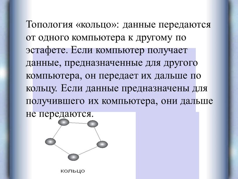 Топология «кольцо»: данные передаются от одного компьютера к другому по эстафете