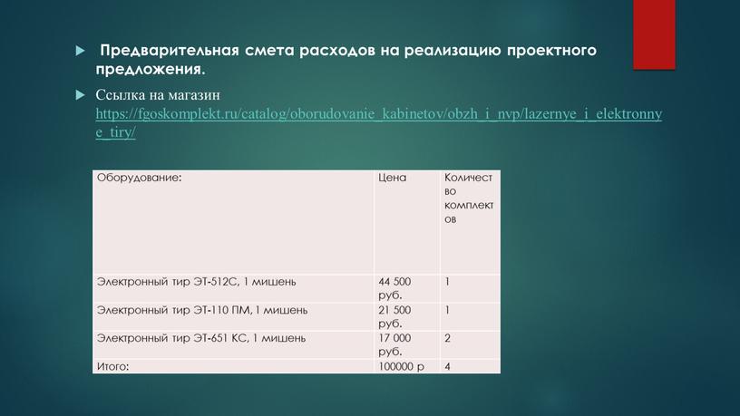 Предварительная смета расходов на реализацию проектного предложения