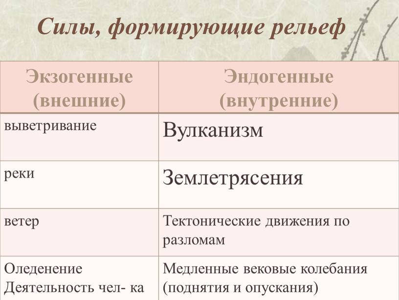 Силы, формирующие рельеф Экзогенные (внешние)