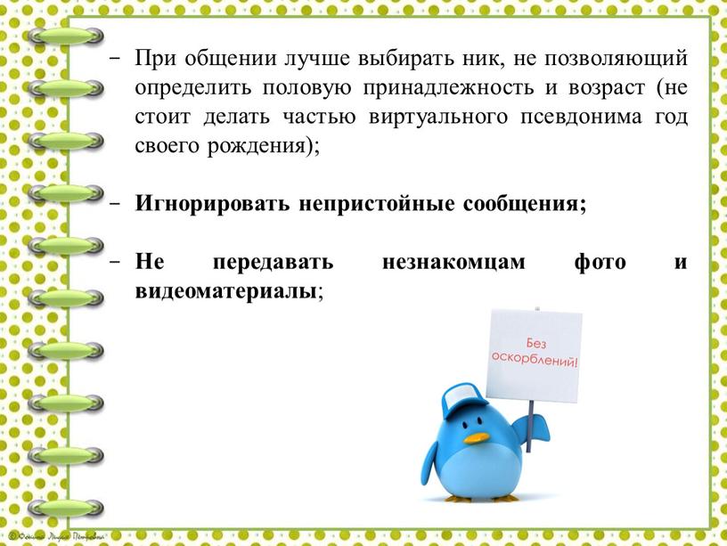 При общении лучше выбирать ник, не позволяющий определить половую принадлежность и возраст (не стоит делать частью виртуального псевдонима год своего рождения);