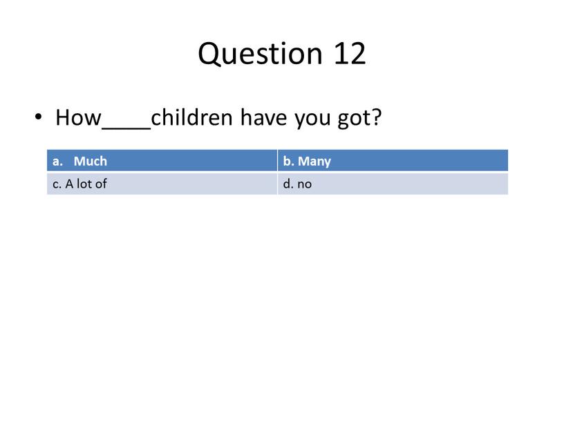 Question 12 How____children have you got?