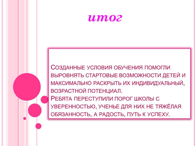 Созданные условия обучения помогли выровнять стартовые возможности детей и максимально раскрыть их индивидуальный, возрастной потенциал