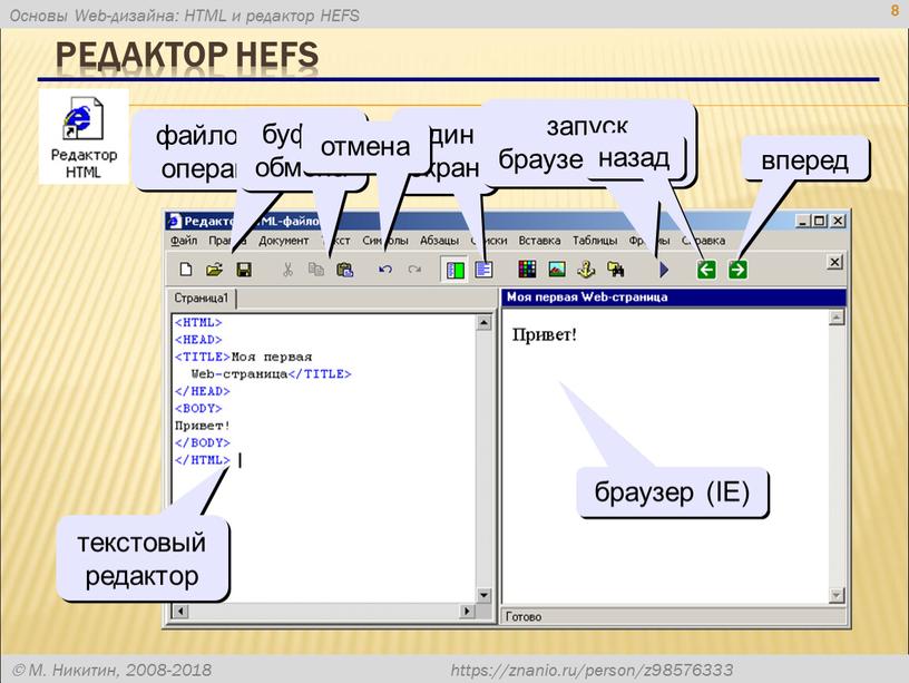 Редактор HEFS 8 файловые операции буфер обмена один экран запуск браузера (F9) назад вперед текстовый редактор браузер (IE) отмена