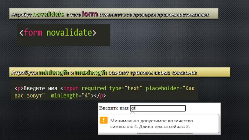 Атрибут novalidate в тэге form отменяет все проверки правильности данных