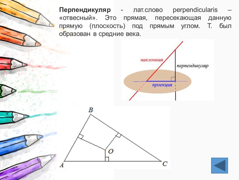 Перпендикуляр - лат.слово perpendicularis – «отвесный»