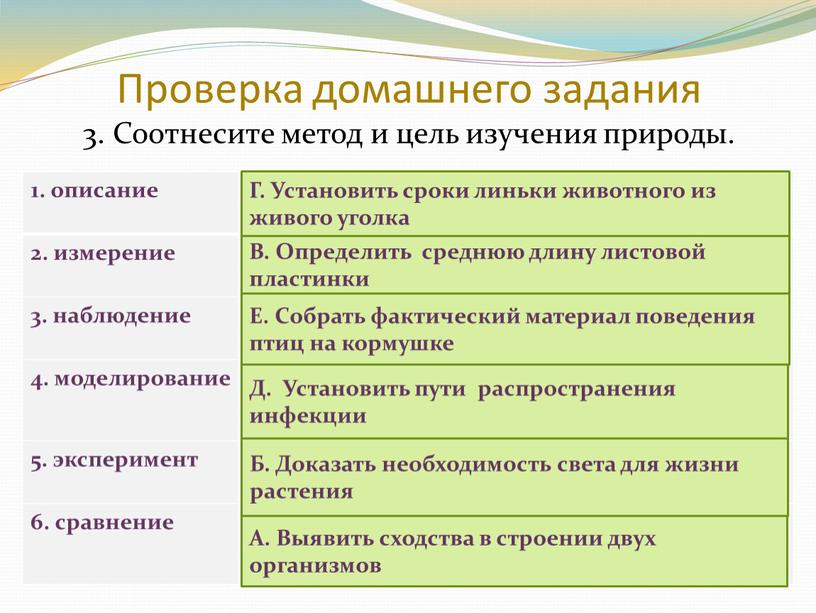 Проверка домашнего задания 3. Соотнесите метод и цель изучения природы