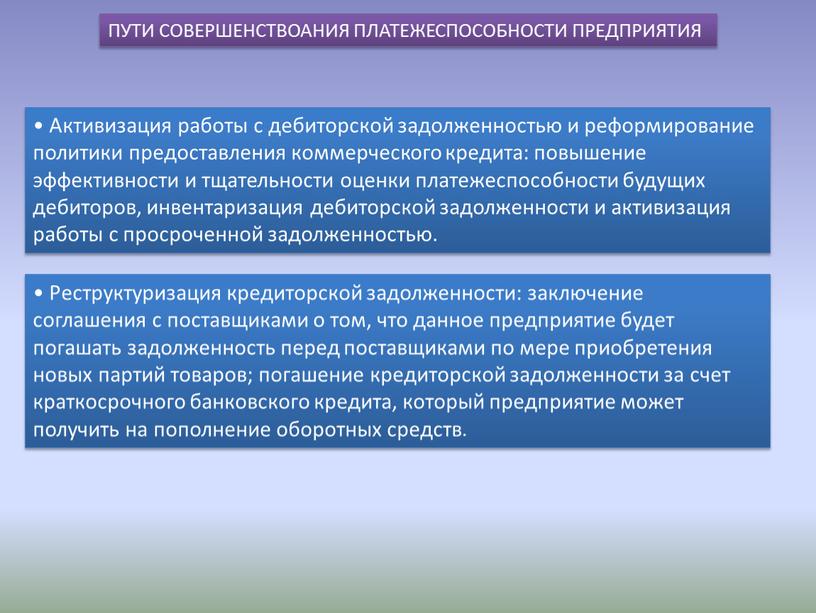 Активизация работы с дебиторской задолженностью и реформирование политики предоставления коммерческого кредита: повышение эффективности и тщательности оценки платежеспособности будущих дебиторов, инвентаризация дебиторской задолженности и активизация работы…