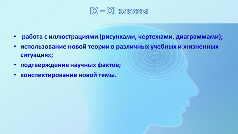 IX – XI классы работа с иллюстрациями (рисунками, чертежами, диаграммами); использование новой теории в различных учебных и жизненных ситуациях; подтверждение научных фактов; конспектирование новой темы