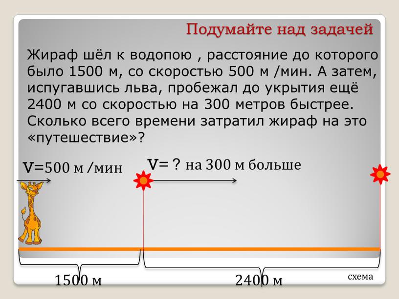 Подумайте над задачей Жираф шёл к водопою , расстояние до которого было 1500 м, со скоростью 500 м /мин