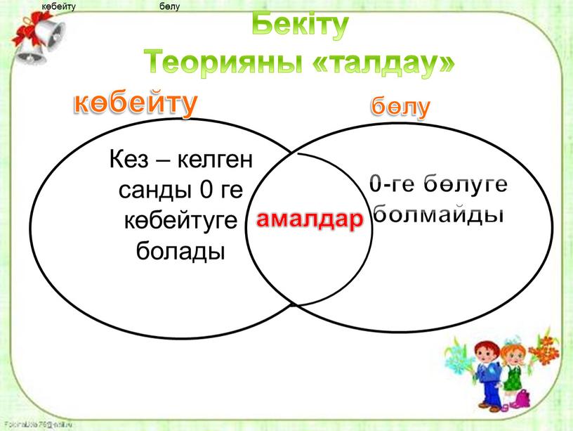 Бекіту Теорияны «талдау» Кез – келген санды 0 ге көбейтуге болады амалдар көбейту бөлу 0-ге бөлуге болмайды көбейту бөлу