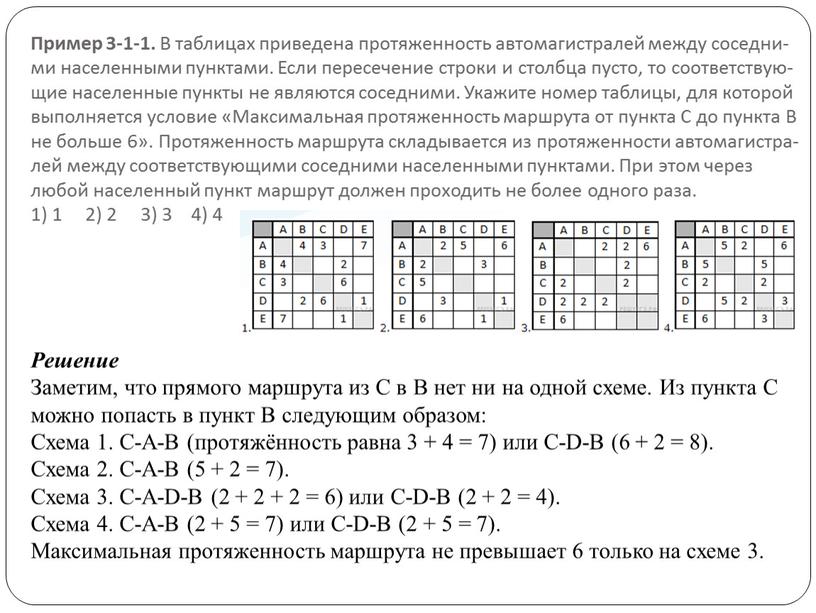 Пример 3-1-1. В таб­ли­цах при­ве­де­на про­тя­жен­ность ав­то­ма­ги­стра­лей между со­сед­ни­ми на­се­лен­ны­ми пунк­та­ми