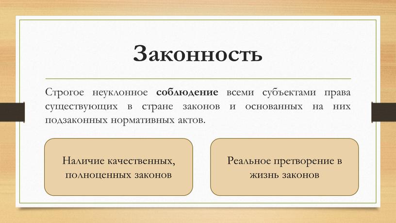 Законность Строгое неуклонное соблюдение всеми субъектами права существующих в стране законов и основанных на них подзаконных нормативных актов