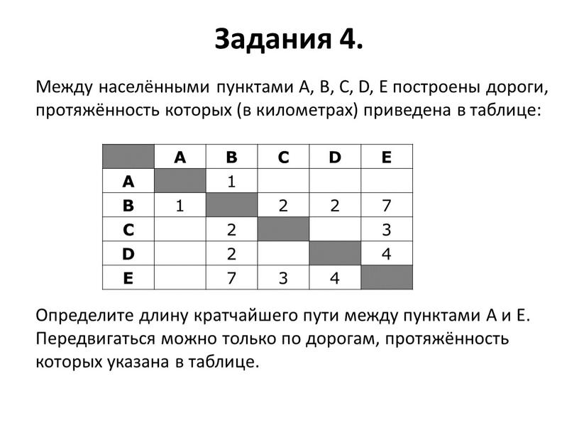 Задания 4. A B C D E A 1 B 1 2 7