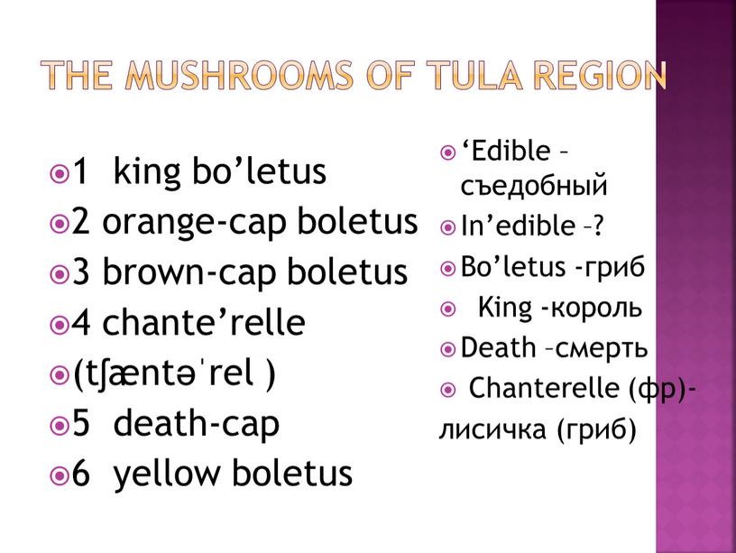 THE MUSHROOMS OF TULA REGION 1 king bo’letus 2 orange-cap boletus 3 brown-cap boletus 4 chante’relle (tʃæntəˈrel ) 5 death-cap 6 yellow boletus ‘Edible –съедобный