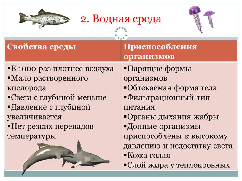 Водная среда Свойства среды Приспособления организмов