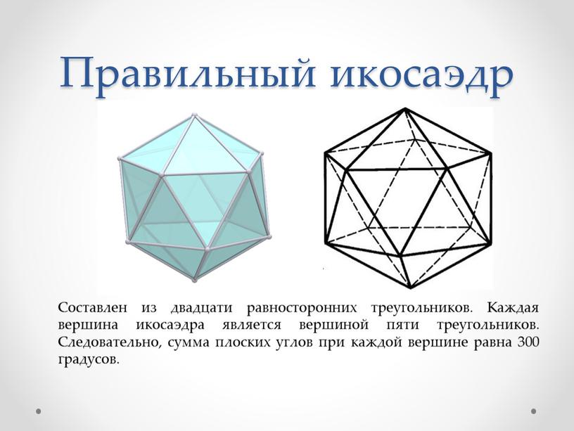 Правильный икосаэдр Составлен из двадцати равносторонних треугольников