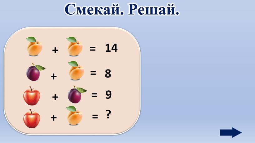 Смекай. Решай. + = 14 + = 9 + = 8 + = ?