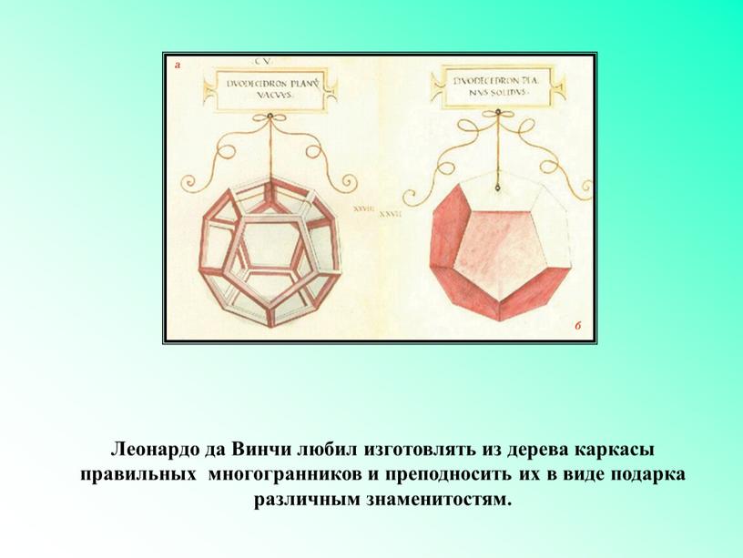 Леонардо да Винчи любил изготовлять из дерева каркасы правильных многогранников и преподносить их в виде подарка различным знаменитостям