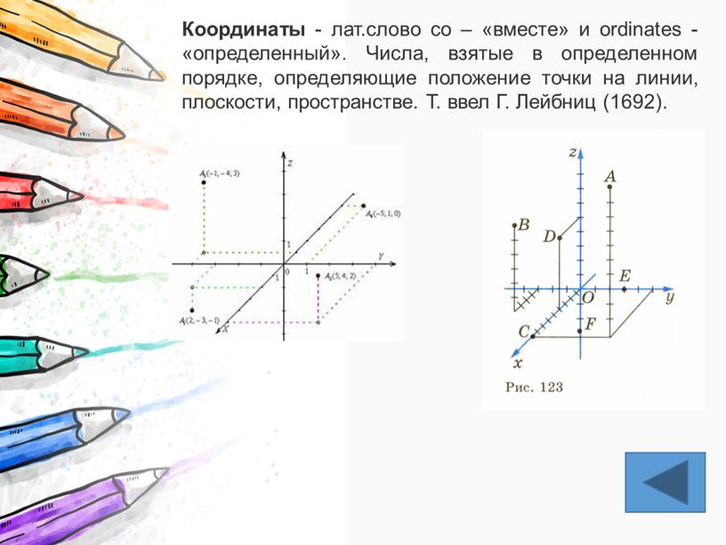 Координаты - лат.слово со – «вместе» и ordinates - «определенный»