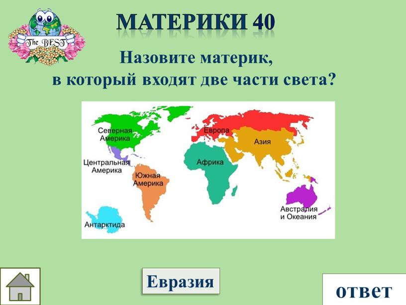 Материки 40 Назовите материк, в который входят две части света?