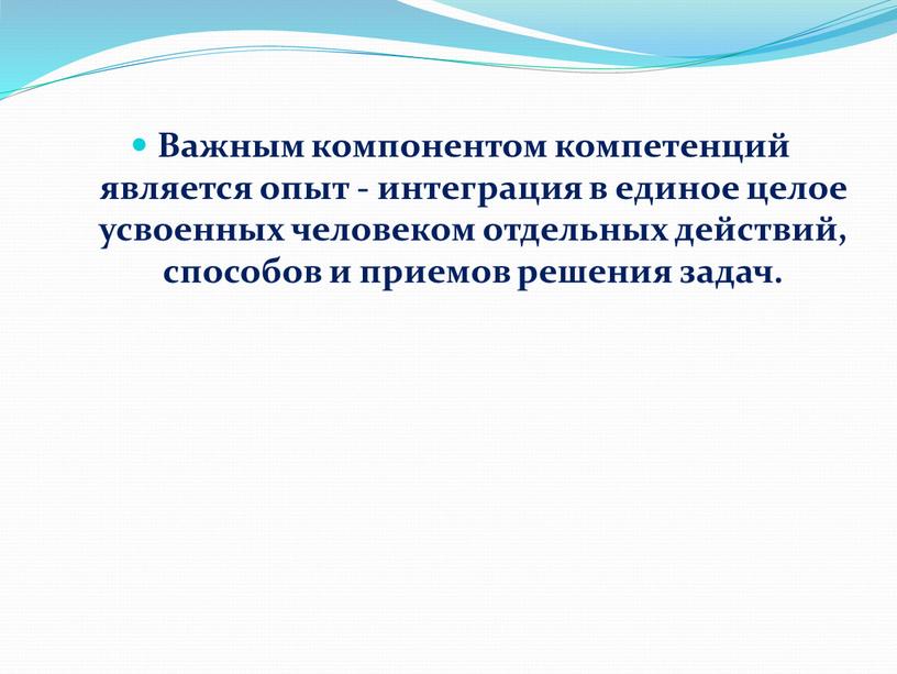 Важным компонентом компетенций является опыт - интеграция в единое целое усвоенных человеком отдельных действий, способов и приемов решения задач