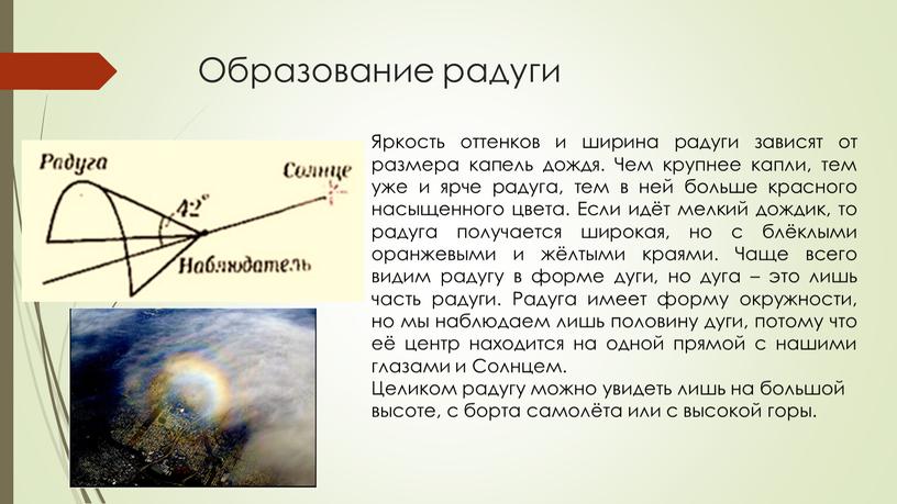 Образование радуги Яркость оттенков и ширина радуги зависят от размера капель дождя