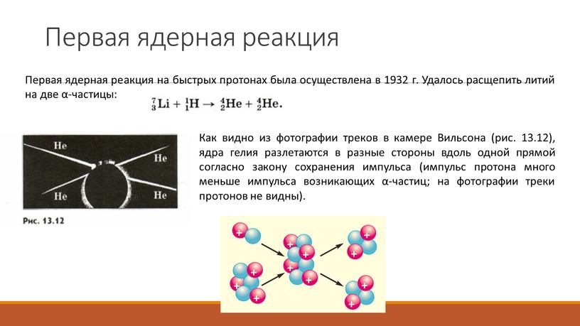 Первая ядерная реакция Первая ядерная реакция на быстрых протонах была осуществлена в 1932 г