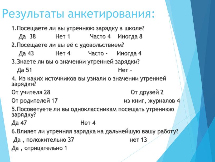 Результаты анкетирования: 1.Посещаете ли вы утреннюю зарядку в школе?