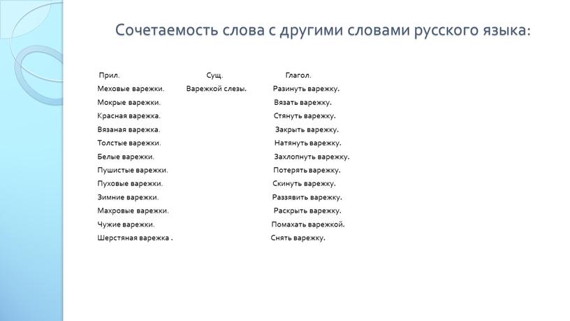 Сочетаемость слова с другими словами русского языка: