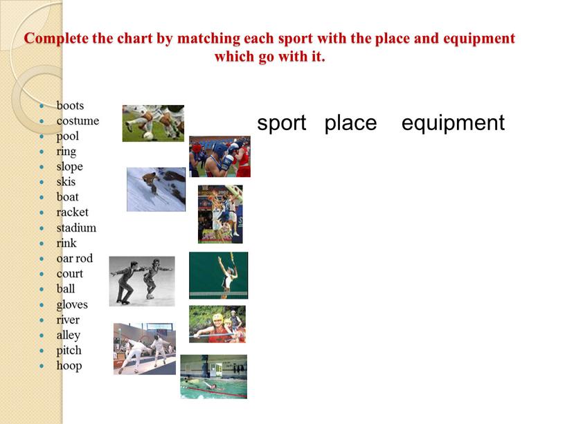 Complete the chart by matching each sport with the place and equipment which go with it