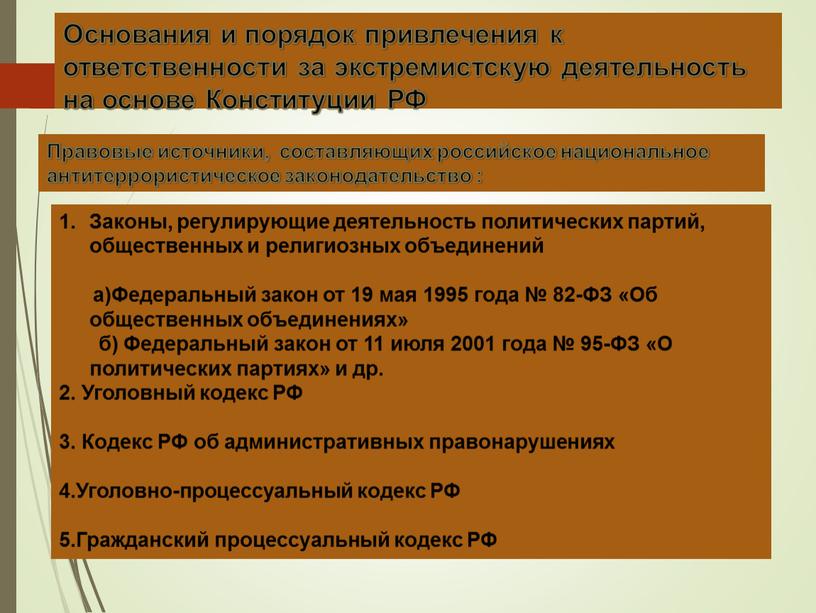 Основания и порядок привлечения к ответственности за экстремистскую деятельность на основе