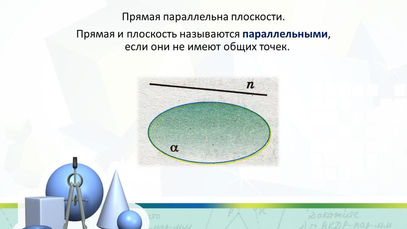 Прямая параллельна плоскости. Прямая и плоскость называются параллельными , если они не имеют общих точек