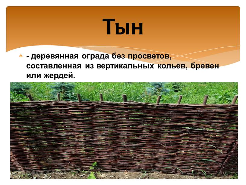 - деревянная ограда без просветов, составленная из вертикальных кольев, бревен или жердей. Тын