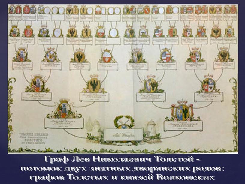 Граф Лев Николаевич Толстой - потомок двух знатных дворянских родов: графов