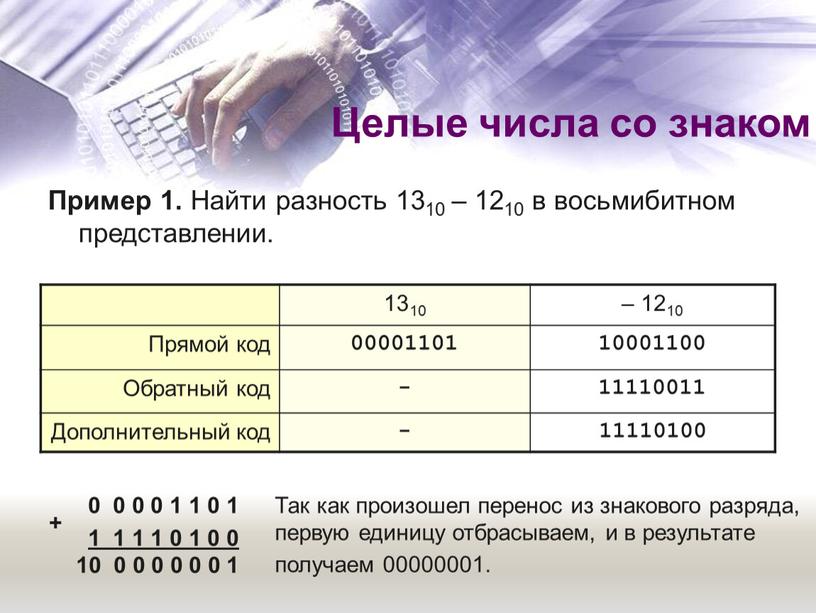 Пример 1. Найти разность 1310 – 1210 в восьмибитном представлении