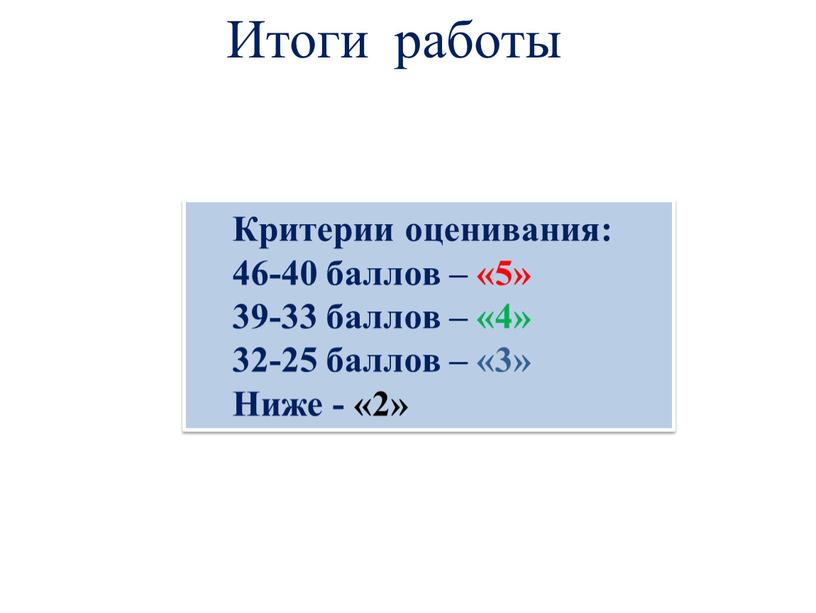 Итоги работы Критерии оценивания: 46-40 баллов – «5» 39-33 баллов – «4» 32-25 баллов – «3»