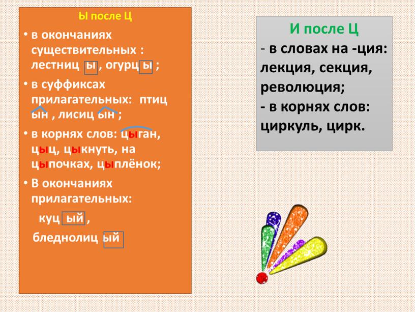 Ы после Ц в окончаниях существительных : лестниц ы , огурц ы ; в суффиксах прилагательных: птиц ын , лисиц ын ; в корнях слов:…