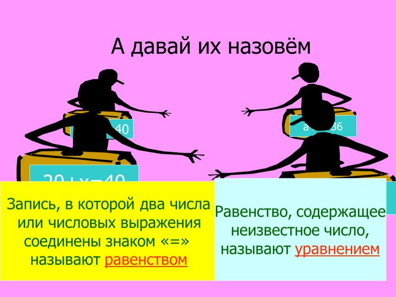 А давай их назовём Запись, в которой два числа или числовых выражения соединены знаком «=» называют равенством