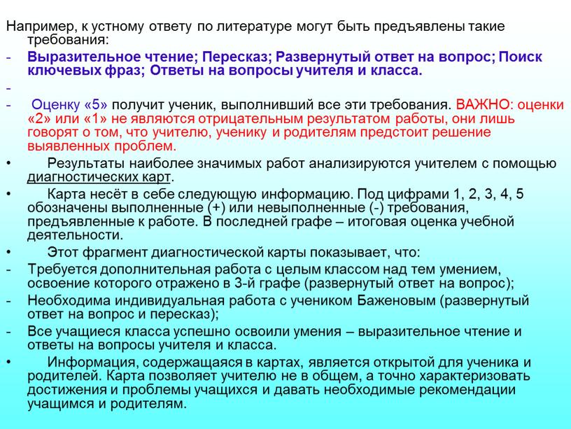 Например, к устному ответу по литературе могут быть предъявлены такие требования: