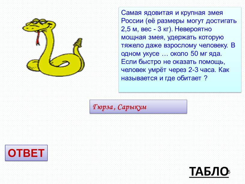 ТАБЛО Самая ядовитая и крупная змея