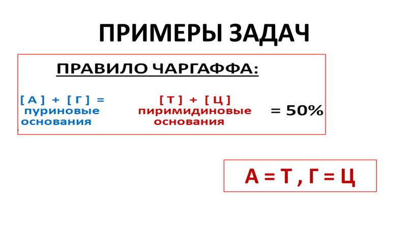 ПРИМЕРЫ ЗАДАЧ А = Т , Г = Ц