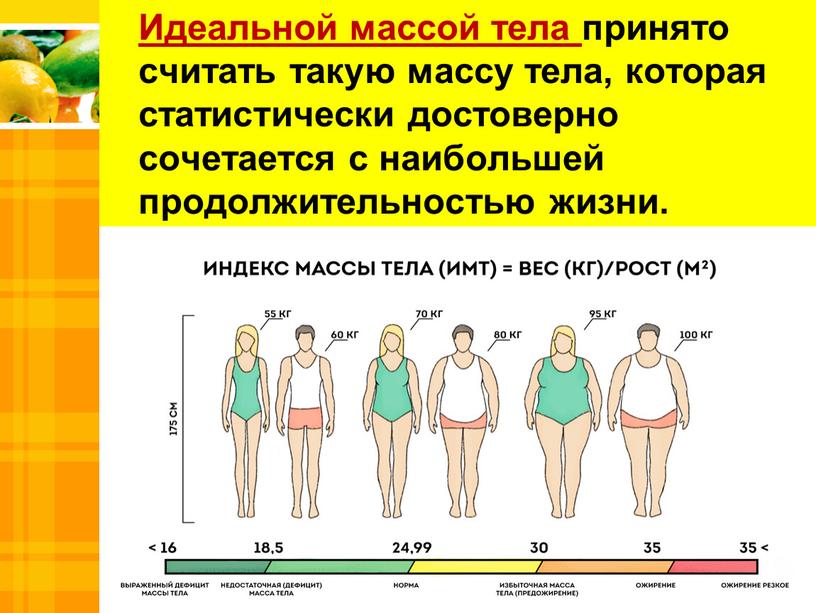 Идеальной массой тела принято считать такую массу тела, которая статистически достоверно сочетается с наибольшей продолжительностью жизни