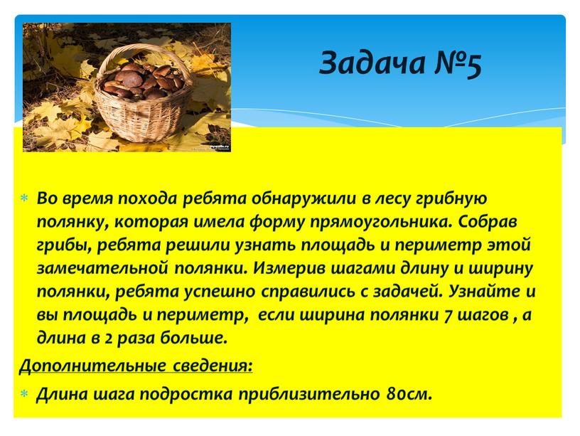 Во время похода ребята обнаружили в лесу грибную полянку, которая имела форму прямоугольника