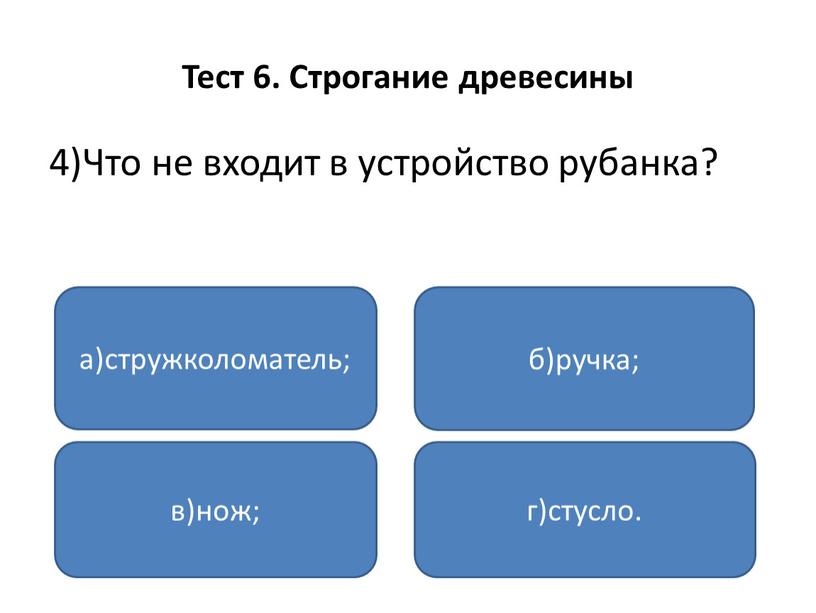 Тест 6. Строгание древесины 4)Что не входит в устройство рубанка? а)стружколоматель; в)нож; г)стусло