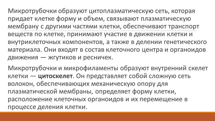 Микротрубочки образуют цитоплазматическую сеть, которая придает клетке форму и объем, связывают плазматическую мембрану с другими частями клетки, обеспечивают транспорт веществ по клетке, принимают участие в…