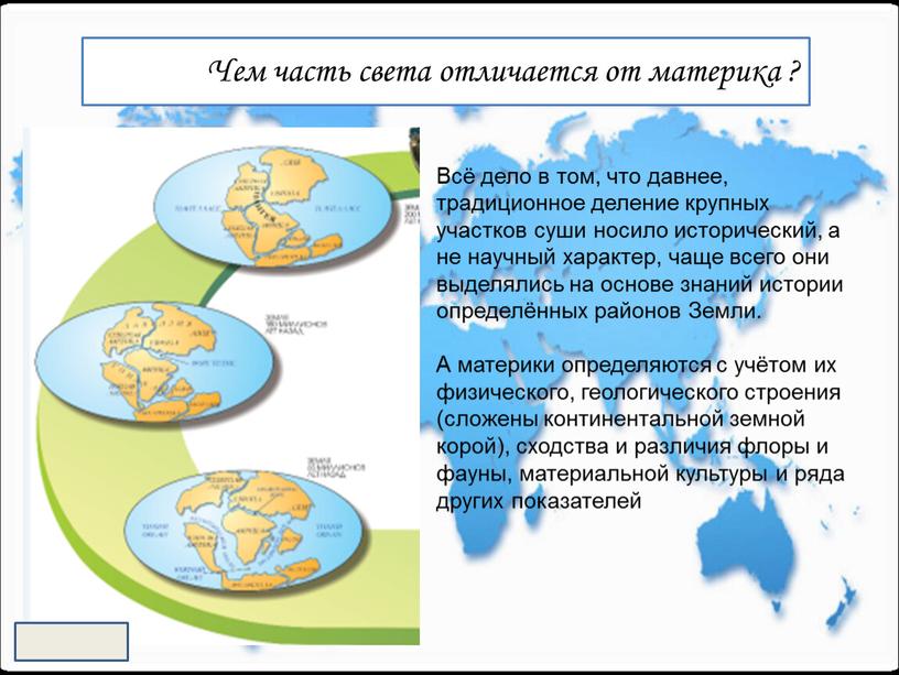 Чем часть света отличается от материка ?