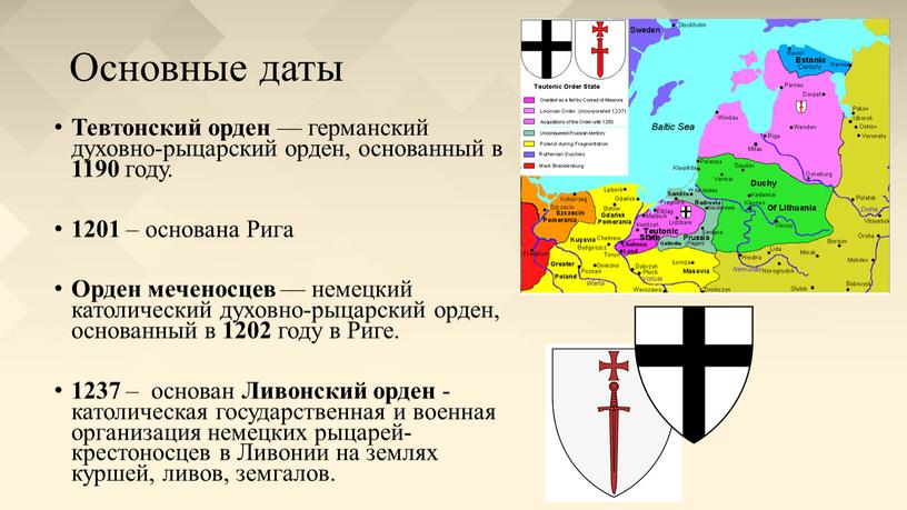 Основные даты Тевтонский орден — германский духовно-рыцарский орден, основанный в 1190 году