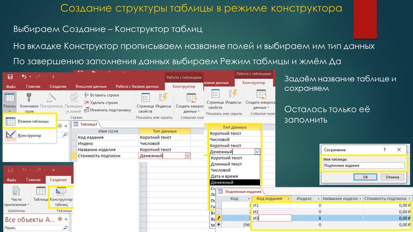 Создание структуры таблицы в режиме конструктора