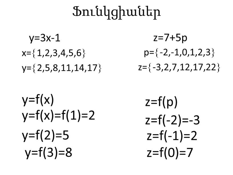 Ֆունկցիաներ y=3x-1 z=7+5p x=1,2,3,4,5,6 y=2,5,8,11,14,17 p=-2,-1,0,1,2,3 z=-3,2,7,12,17,22 y=f(x) z=f(p) y=f(x)=f(1)=2 y=f(2)=5 y=f(3)=8 z=f(-2)=-3 z=f(-1)=2 z=f(0)=7